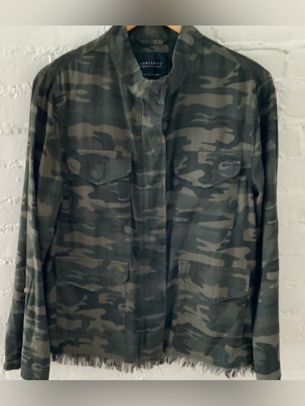 Anthropologie Sanctuary Camo Utility Jacket Shirt Frayed Hem Grunge Steampunk S